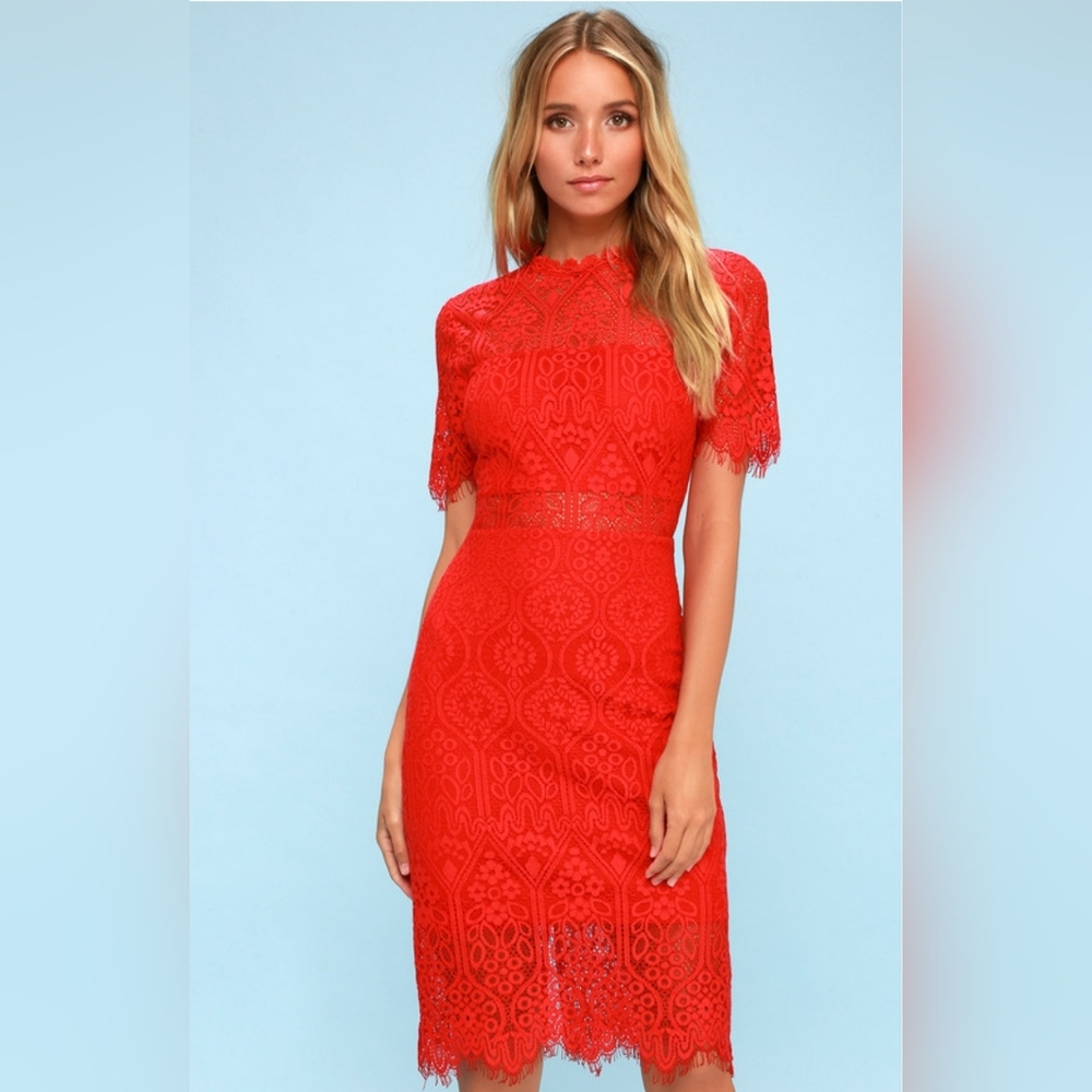 Lulu's Red Lace Midi Dress